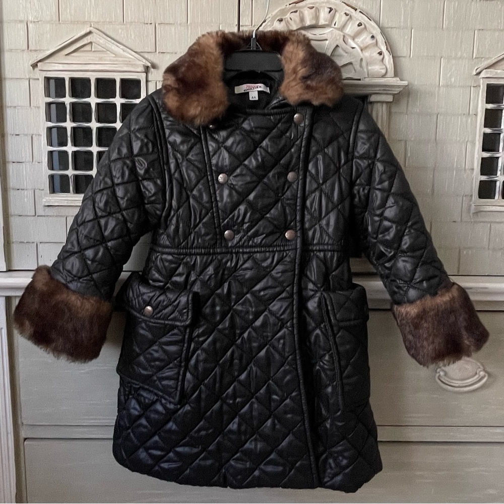 Junior Gaultier Girls’ Black Quilted Winter Jacket with Faux Fur Trim - 4Y
